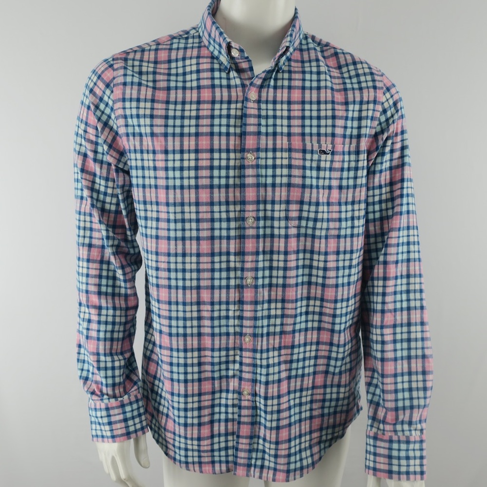 Vineyard Vines Performance Flannel Slim Fit‎ Tucker Shirt Mens Medium Pink Blue
